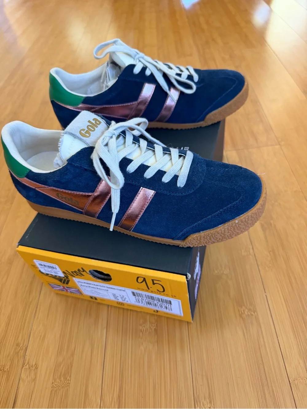 Gola Navy Suede Sneakers with Copper Stripes and Green Heel Tab